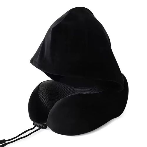 Memory Foam Hooded U-Shaped Travel Pillow with Detachable Cover Portable Neck Support for Airplane Office Nap Car and Home Use
