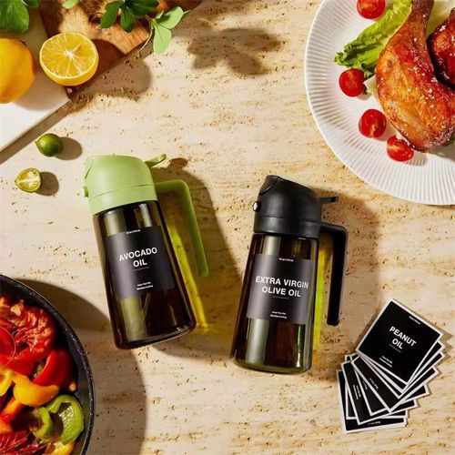 Cooking Oil Dispenser Sprayer for Cooking 2 in 1 Spray and Pour Dark Green Glass Oil Bottle with Stickers,16oz  470ml Oil Sprayer