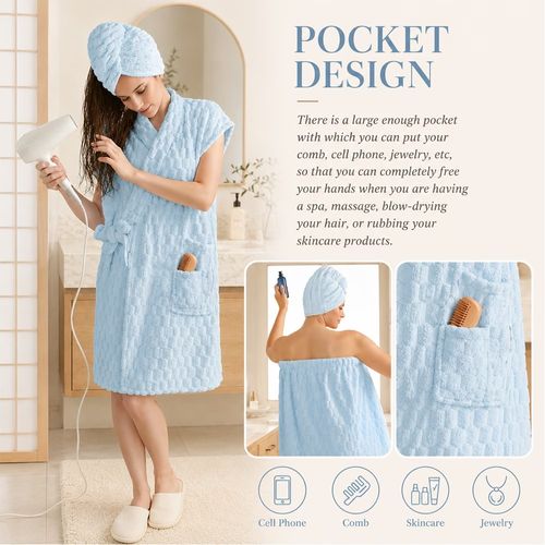 This 3-piece wearable bath towel spa care set includes: 1 wearable bath towel, 1 hand towel, and 1 hair drying cap.