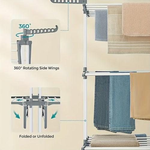 🧺✨ Maximize your space with the Sakerplus Foldable Extensible Stainless Steel Drying Rack! Four tiers of drying, pull-out rods, and extendable arms give you plenty of room—yet it folds flat and rolls away when not in use. 🏡🚿 Rust-resistant steel frame, lockable wheels, and tool-free setup make laundry time easier in apartments, family