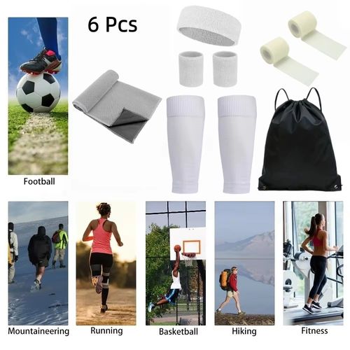 6Piece Set Soccer Basketball Sports Headband  Wristband Breathable Towel Bandage  Compression Socks Leg Sleeves and Soccer Bag.