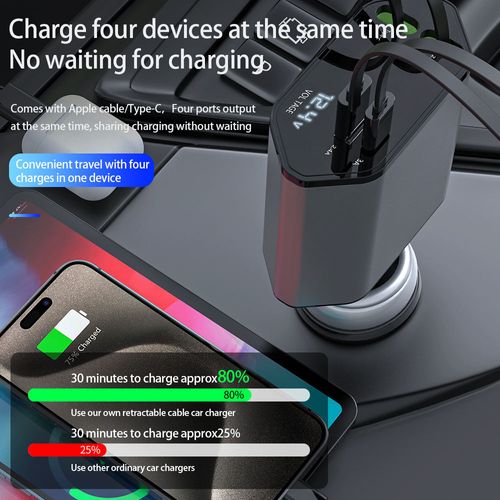 Retractable car charger, upgraded 4-in-1 fast car charger