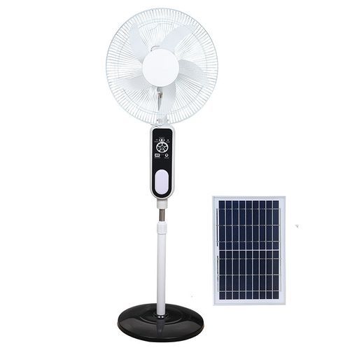 The 16 - inch portable electric fan is equipped with a solar panel and a rechargeable battery. It is a standing fan.