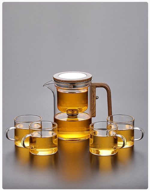 A high borosilicate glass teapot set used for soaking coffee, tea and fruits, with a magical heat-resistant wooden handle and a water separation function.