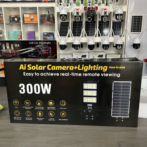 300-watt outdoor solar-powered LED floodlight with a surveillance camera, an integrated solar street light