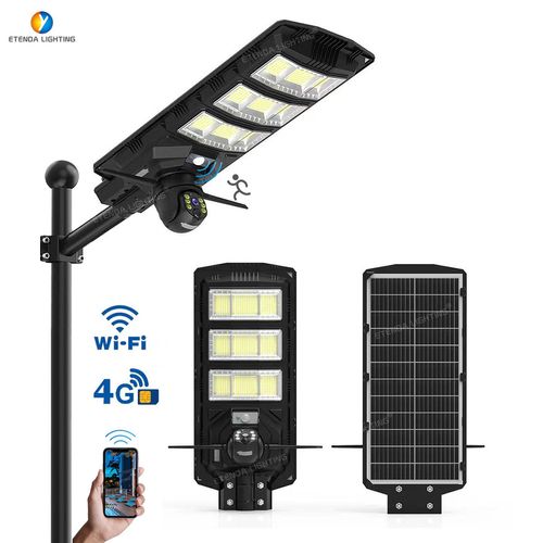 300-watt outdoor solar-powered LED floodlight with a surveillance camera, an integrated solar street light