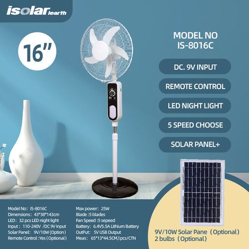 The 16 - inch portable electric fan is equipped with a solar panel and a rechargeable battery. It is a standing fan.