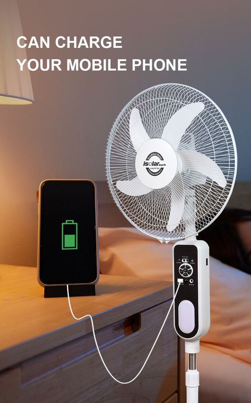 The 16 - inch portable electric fan is equipped with a solar panel and a rechargeable battery. It is a standing fan.