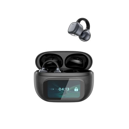 Touchable wireless Bluetooth earbuds of version 5.4 with a digital display screen and AI translation function, and they also have the noise-canceling feature.