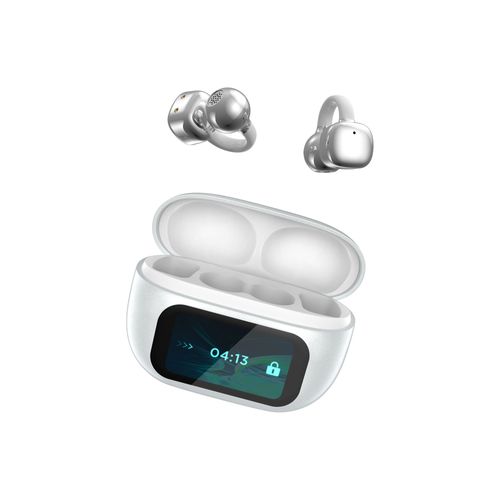 Touchable wireless Bluetooth earbuds of version 5.4 with a digital display screen and AI translation function, and they also have the noise-canceling feature.