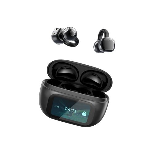 Touchable wireless Bluetooth earbuds of version 5.4 with a digital display screen and AI translation function, and they also have the noise-canceling feature.