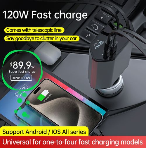 Retractable car charger, upgraded 4-in-1 fast car charger