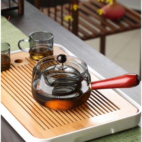 500ml High Borosilicate Gray clear Glass Tea Pot With Rotate the Lid 360 Degrees and Side Wooden Handle