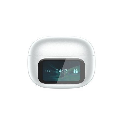 Touchable wireless Bluetooth earbuds of version 5.4 with a digital display screen and AI translation function, and they also have the noise-canceling feature.