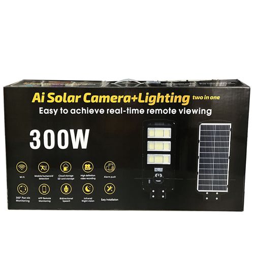 300-watt outdoor solar-powered LED floodlight with a surveillance camera, an integrated solar street light