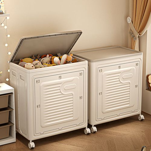 Rmier Large Capacity White Square Folding Storage Box with Wheels Top and Side Access for Tool Organization in Livingroom