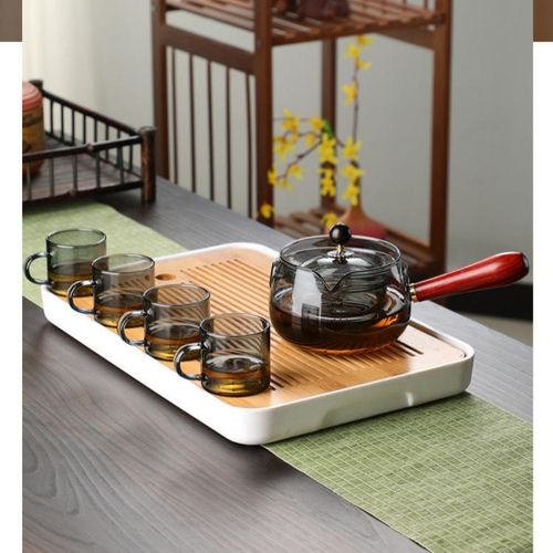 500ml High Borosilicate Gray clear Glass Tea Pot With Rotate the Lid 360 Degrees and Side Wooden Handle