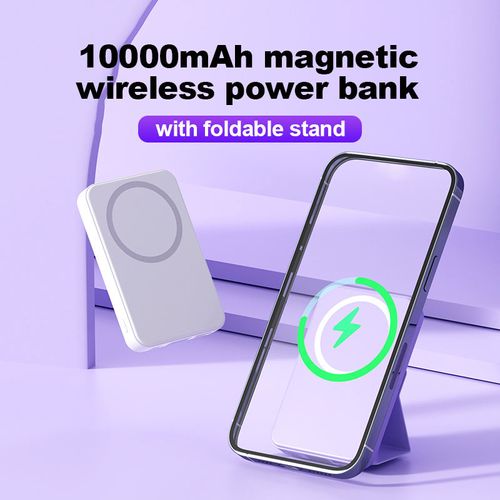 Small wireless magnetic power bank with a 10,000mAh capacity and a stand