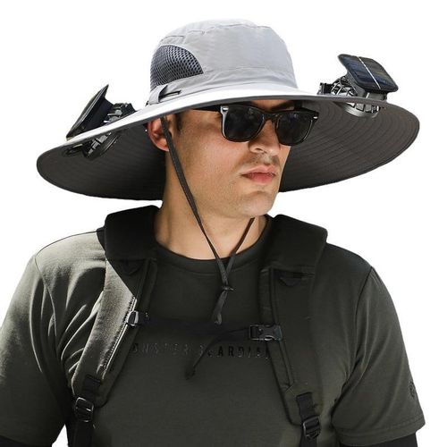 A bucket hat with a solar-powered fan that has dual charging functions, and its wide brim can effectively block ultraviolet rays.