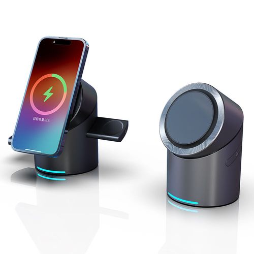 Multi-function travel magnetic fast wireless charging station type c aluminum rotating 3 in 1 cube wireless charger stand