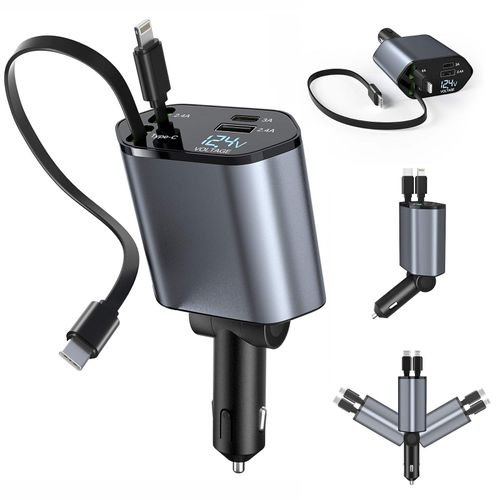 Retractable car charger, upgraded 4-in-1 fast car charger