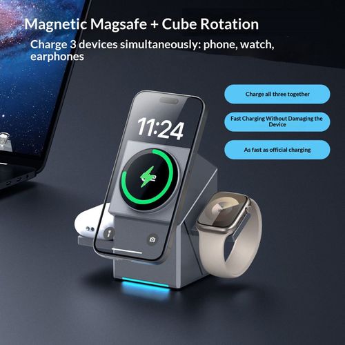 Rotating 3-in-1 Wireless Charger with Fast Charging and Magnetic Charging, Compatible with Watches and Phones, 15W Output