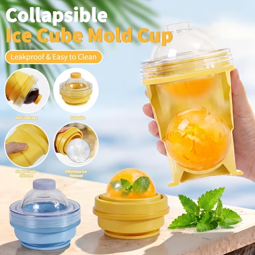 2-in-1 Portable Folding Ice Ball Cup for Cold Drinks—Creative Ice Cup with Straw, Leak-Proof Silicone Ice Ball Cup, Food-Grade Foldable Ice Mold Cup, Reusable Ice Cup, Ideal for Iced Coffee, Juice, Beer, Cocktails, and Other Cold Drinks. Portable Folding Ice Ball Cup—Creative Food-Grade Silicone Ice Mold Cup with Built-in Straw, Perfect for Summer Outings