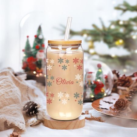 Personalized Christmas Cup 18oz Clear Glass Cups with Lids and Straws