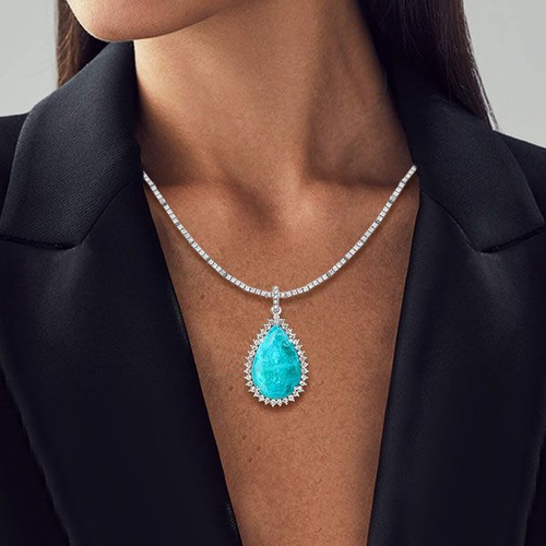 Gorgeous Halo Pear Cut Lake Blue Sapphire Pendant Necklace