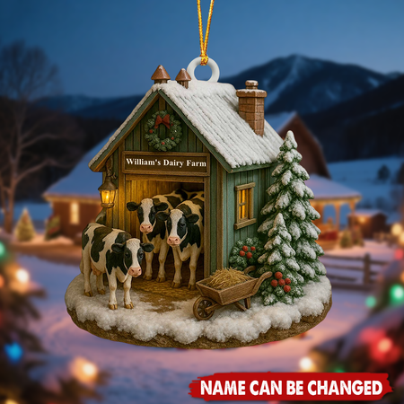 Cozy Winter Scene At Dairy Farm - Personalized Wooden Ornament, Gift For Farm Enthusiasts