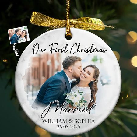 Custom Photo First Christmas As Mr & Mrs Couples  Personalized Circle Ceramic Ornament