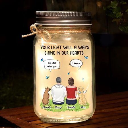 Your Light Will Always Shine In Our Hearts  Memorial Personalized Custom Mason Jar Light  Sympathy Gift For Pet Owners