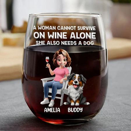 A Woman Cannot Survive On Wine Alone Dog Mom Cartoon - Personalized Stemless Wine Glass