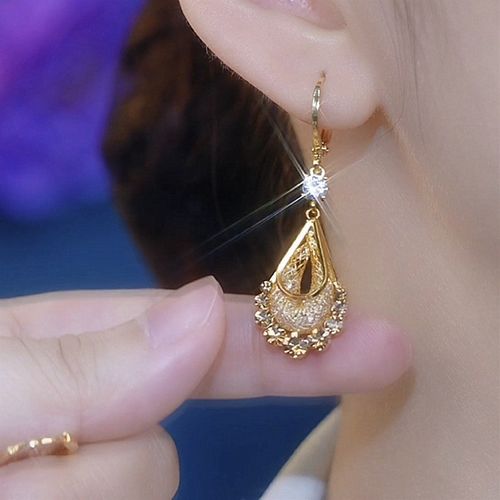 Luxury Light High-End Fashionable & Elegant Gold Wire Mesh Coffee Crystal Teardrop Huggie Earrings - Stylish & Versatile