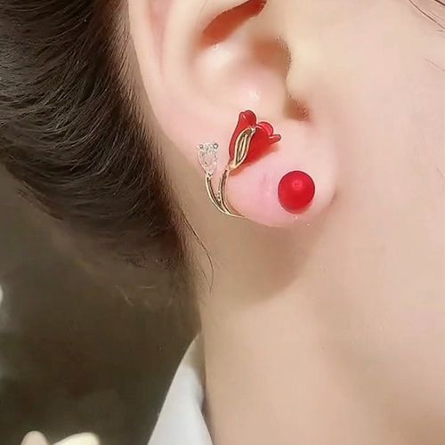 New Trendy Red Tulip Stud Earrings for Women, Light Luxury Style, Fashion & All-match