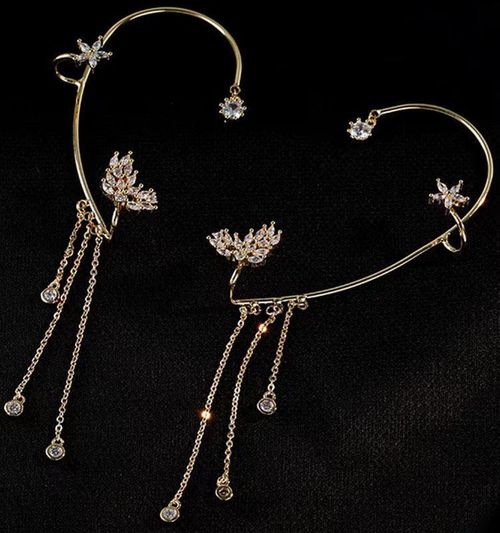Creative & Personalized New Long Tassel Clip-On Earrings - Light Luxury Diamond-Accented Jewelry, Mixed Materials, Fashionable & Versatile