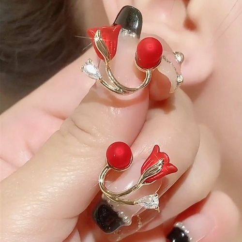 New Trendy Red Tulip Stud Earrings for Women, Light Luxury Style, Fashion & All-match