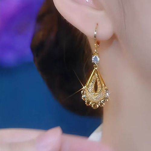 Luxury Light High-End Fashionable & Elegant Gold Wire Mesh Coffee Crystal Teardrop Huggie Earrings - Stylish & Versatile