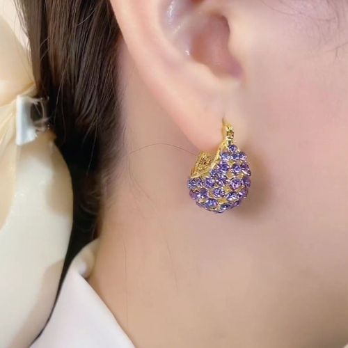 Sparkling & Exquisite French-style Purple Basket Huggie Earrings with Creative and Personalized Vibe, Light Luxury Style, Fashionable & Versatile