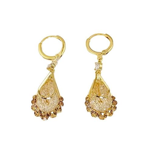 Luxury Light High-End Fashionable & Elegant Gold Wire Mesh Coffee Crystal Teardrop Huggie Earrings - Stylish & Versatile