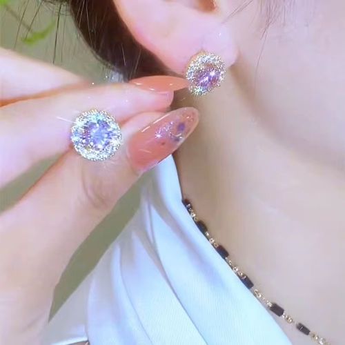 Creative & Personalized Minimalist Fashion Purple Inlaid Stud & Huggie Earrings, Light Luxury Style, Fashionable & Versatile