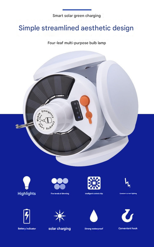 1.5-Mode Dimmable Football Light with 800mAh Battery, Solar USB Rechargeable Waterproof Lamp for Camping Night Market Wall Mount