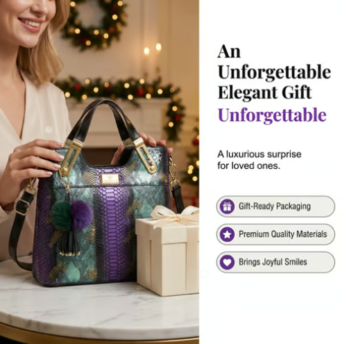 Elegant Snake‑Print PU Leather Women Handbag, Large‑Capacity Fashion Shoulder Crossbody Tote Bag with Detachable Pom‑pom Tassel Pendant