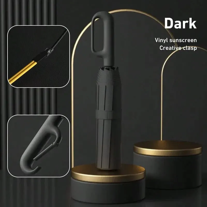 Fully Automatic Ring Buckle Handle Umbrella, Black Coating UV Protection Windproof 3-Fold Sun & Rain Dual Use Folding Parasol for Men Women