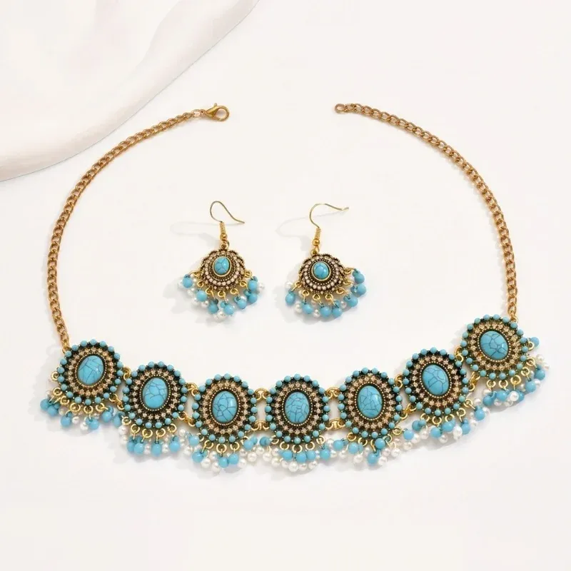 Boho Turquoise Earrings & Choker Necklace Set