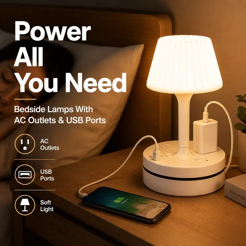 Multi Function Table Lamp with Power Socket & USB Charging Port, Bedroom Bedside Desk Lamp, Night Light with Extension Socket for Home Study