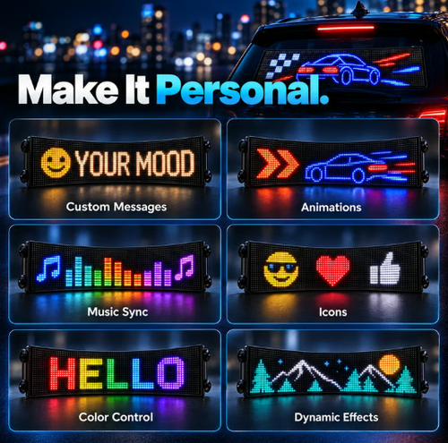 App-Controlled Car LED Matrix Display – Custom Text, Animation & Music Sync Rear Window Sign