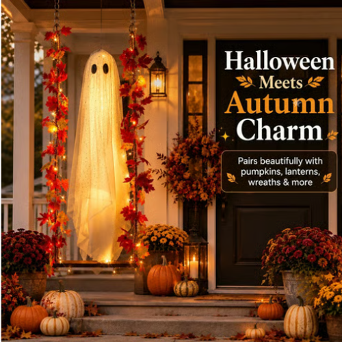 Light‑Up Swinging Ghost Halloween Decoration, Hanging Ghost Ornament with LED String Light & Remote Control for Outdoor Yard Patio Party Decor