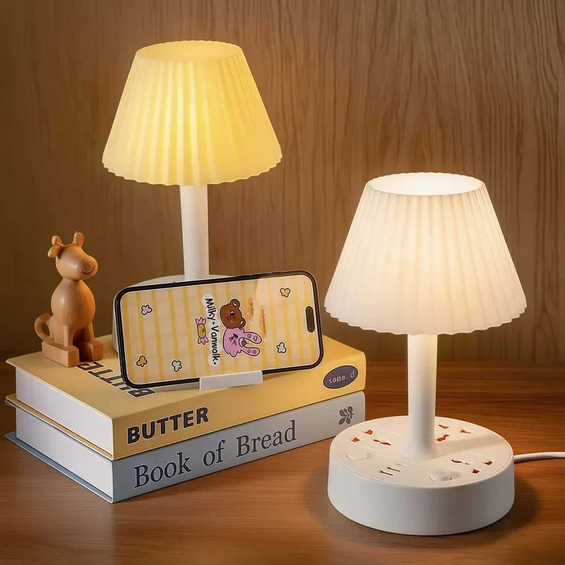 Multi Function Table Lamp with Power Socket & USB Charging Port, Bedroom Bedside Desk Lamp, Night Light with Extension Socket for Home Study