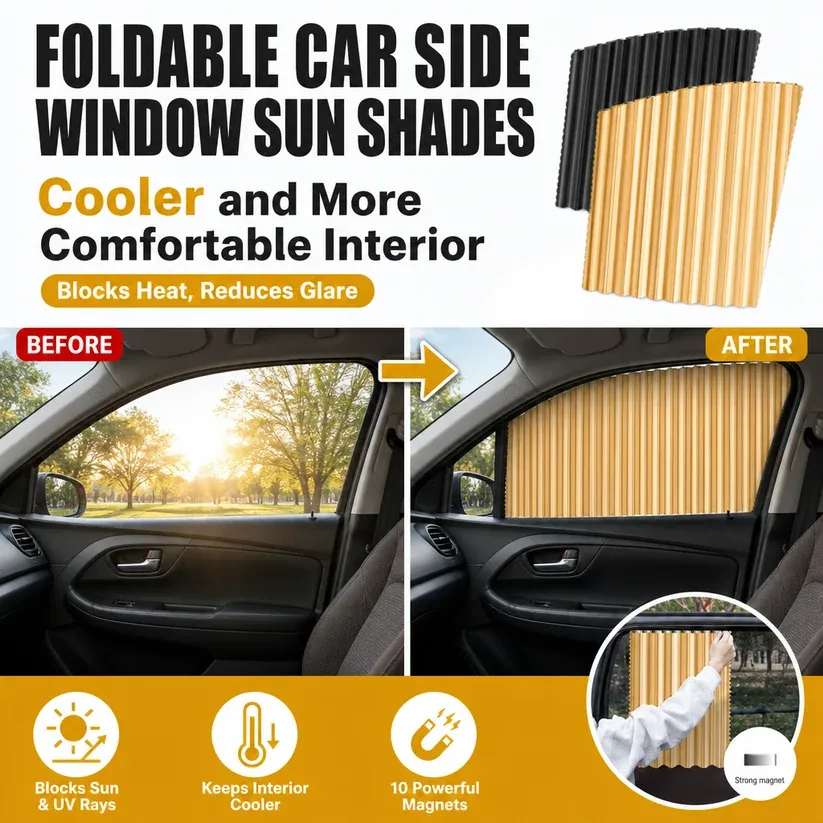 Golden 4Pcs Car Side Window Sunshade Curtain with Binding Straps, Embedded Slide Rail, UV Protection Car Privacy Curtain
